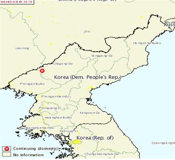 북한의 아프리카돼지열병 발생지역 (사진출처=세계동물보건기구)